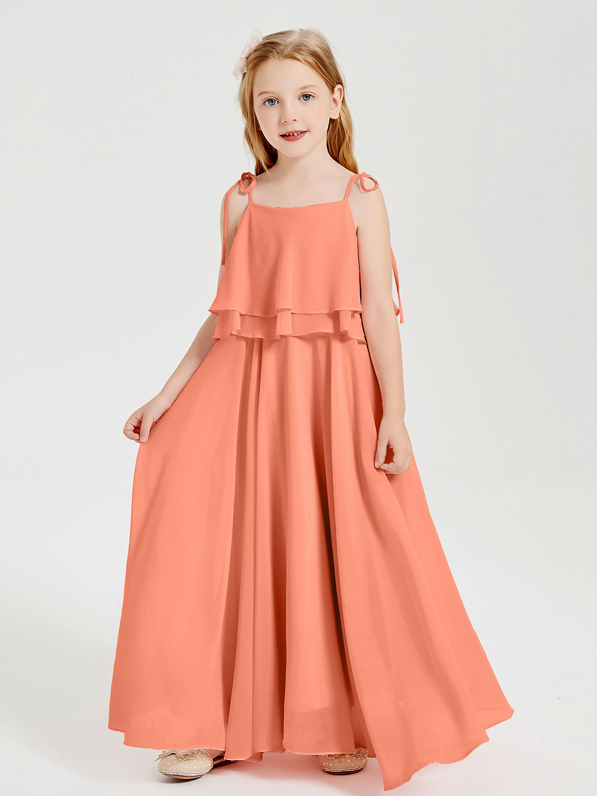 Chiffon Junior Bridesmaid Dresses Long Cascading Skirt Sunset